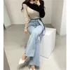 Korean High Waist Belted Flare Denim Jeans Pants Women Pockets Skinny Solid Fashion Casual Female Trousers 210518