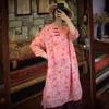 Johnature vintage ramie dress a-line a tre quarti manica autunno o-collo sciolto stampa casual da fiore in lino da donna abito da donna 210521