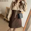 WERUERUYU Fashion Women Dress with Out Wear Blue Brown Color Two Piece Suit Winte Female Dresses 210608