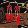 Dangle & Chandelier Earrings Jewelry Bohemia Womens Crystal Red Feather Tassel Earring 2021 Summer Indian Tibetan Dream Catcher Wedding Drop