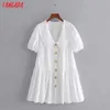 Tangada Women Embroidery Oversized Collar Romantic Cotton Dress Short Sleeve Buttons Females Mini Dresses Vestidos 3H339 210609