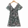 Kvinnor sommar vintage print mini klänning kortärmad v-hals knappar elastisk byst kvinnlig elegant söt foder klänningar vestidos 210513