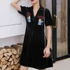 Vintage Black Animal Embroidery Notch Collar Short Sleeve Button Dress Empire Mini D1523 210514