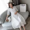 1695 # blanc coton dentelle robe de maternité été coréen mode col en V vêtements pour femmes enceintes taille mince grossesse costume 210922