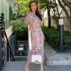 Zomer Koreaanse stijl slanke mode vrouwen elegante lantaarn mouw gedrukte tas hip jurk vestidos 210531