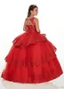 2021 Vestido de fiesta rosa rojo Vestidos para niñas Apliques de encaje Cuentas de cristal Sin mangas Tul Volantes en niveles Niños Vestidos de cumpleaños para niñas de flores Vestido de quinceañera