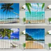 Cortinas de chuveiro luz solar praia folhas tropicais concha pássaro oceano cenário de cortina de pano impermeável com ganchos decoração de banheiro