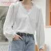 Aelegantmis Lace Trim Pearl Button Women V Neck Blouse Shirts Simple Vintage Spring Female White Retro Long Sleeve Chic 210607