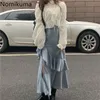 Nomikuma Ruffle Mid Calf Skirt Female Solid Color Split High Waist Slim Denim Skirts Women Streetwear Jupe Longue Femme 3d443 210514