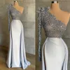 One Shoulder Mermaid Prom Dresses Lace Appliques Side Split Evening Dress Custom Made Flower Floor Length Sweep Train Celebrity Party Gown