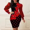 Fall Patchwork Silk Knee Bodycon Dress Women Puff Sleeve Leopard Flower Print Pullover Dress Fashion Office O-Neck Commute Dress Y1204