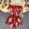 Women's Jumpsuits & Rompers Ruffles Patchwork One Word Collar Sexy Woman Short 2021 Summer Fashion Printed Female Beach Style Bodysuit