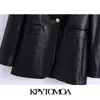 KPYTOMOA Frauen Mode Mit Metall Knopf Faux Leder Blazer Mantel Vintage Langarm Zurück Vent Weibliche Oberbekleidung Chic Veste 211019