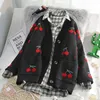 AZYT Fruit Cherry Embroidery Knitted Cardigan Autumn V Neck Oversize Woman Sweater Cardigan Jacket Winter Warm Knitwear 210918