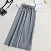 Koreański styl szerokiej nogi spodnie damskie wiosna lato czarny niebieski pączek wysoki talii spodnie femme 210421