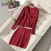 Hoge Kwaliteit Lente Mode Baan Twee Stuk Outfit Dames Gebreide Sweater En Rok Pak Office Lady Red Party Twinset 210601