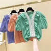 Fashion Lace Patchwork Puff Sleeve Short en V Vergs Summer Summer Femmes Tops 210615