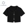 Fashion Women Black gothic Cardigan Shirts Summer Vintage Harajuku Short Sleeve Butterfly Zipper Sliming E-girl Crop Top 210515