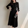 Frühling Koreanische Büro Mode Lange Plissee Kleid Frauen Hülse O-ansatz Gürtel Hohe Taille Elegante Kleider Vestidos 210513