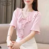 Элегантный Blusa Verano Mujer Летний с коротким рукавом стиль твердого шифона Flunced Bow Fold-Fit Женщины блузка женские вершины 8639 50 210510