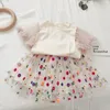 Summer Girls' Clothing Sets Denim Flower Embroidered Lapel Top+Net Yarn Skirt 2PCS Suit Princess Baby Kids Children Clothes 220307