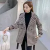 Houndstooth Viintage Woolblend Coat Dames Winter Turn-Down Collar Belted Koreaanse Mode Dames Buitenjas Overjas Femme 210518