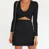 Casual Dresses Hirigin Fashion Party Bodycon Dress Women Long Sleeve V-neck Ruched Mini Vestidos Sexy Lady Solid High Waist Hollow Out