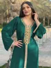 Siskakia Ramadan Eid Rosa Maxi Klänning för kvinnor Modest Muslim Turkiet Arabiska Dubai Diamond Ribbon V Neck Långärmad Jalabiya 210915