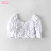 White French Square Neck Vintage Pleated Elastic Puff Sleeves Women's Shirt Sexy Navel Western Sweet Chic All-match Female Tops 210507