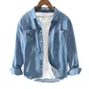 Männer Casual Denim Hemd 100% Reine Baumwolle Solide Langarm Cowboy Tops Männlich Hohe Qualität Drehen-unten Kragen Blau vintage Kleidung 210601