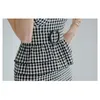 Frauen Schwarz Plaid Bogen Spaghetti Strap Ruffle Sexy Kleid Dame Backless Bandage V-Neck Sleeveless Mantel Club Mini Sommer 210519