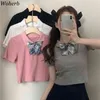 Летние девушки сексуальный урожай топ футболки лук патч kawaii милые футболки корейские женщины тонкий с коротким рукавом футболки стрит 210519