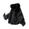 Vinter Casual Solid Real Fur Collar Denim Jacka Kvinna Lös singel Breasted Plus Velvet Tjockade Parkas Kvinnor 210514