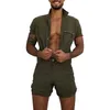 Overaller män shorts jumpsuit sommar mens ärm slim passform rompers streetwear casual knapp s byxor 210714