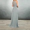 Vestido de dama de honor de color platino oscuro con vestidos de fiesta de boda de chifón cruzado con espalda abierta