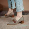 Chic Houndstooth Plaid Block Square Wood High Heeled Pumps Shoes for Women Retro Style Gold Metal Chain Office Shoe Storlek 35-41