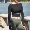 Femmes Gym Blanc Yoga Crop Tops Yoga Chemises À Manches Longues Workout Tops Fitness Running Sport T-Shirts Formation Yoga Sportswear Sexy H1221