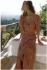 Elegant Polka Dot Print Maxi Dress Robe Kvinnor Casual Two Pieces Set Boho Beach Style Long Slit Vestido Feminino 210427