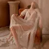 نساء نوم الملابس الدانتيل شبكة بيجاماس ثوب النوم الطويل العروس رداء الزفاف بيجاما رداء الاستحمام الأبيض الإناث