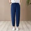 Johnature Summer Retro Cotton Linen Pockets Elastic Waist Lace Up Pants Loose Comfortable All-match Women Harem Pants 210521