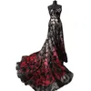 Vintage noir et rouge Robes de ligne chérie sans manches longues robes de soirée formelles Gradient Bling Lace Appliques Robe de bal pour femmes