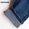 Aachoae mode 100% coton maman jean femmes taille haute poches solides Cowboy pantalon fermeture éclair mouche longue Denim crayon pantalon 210322