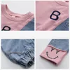 Conjunto de roupas da moda para crianças meninas algodão oneck jeans moletons calças adolescentes retalhos jeans fatos de treino primavera 12y4235397