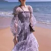 Estate pizzo elegante abito midi donne a maniche a sbuffo a maniche a soffio quadrato boho spiaggia vestito floreale vestito femminile vestito da partito coreano 210513