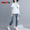 Light Blue Distressed Ripped Jeans For Women Boyfriends Midi Loose Hole Summer With Elastic Female Plus Size High Waist 210428