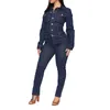 Plus Size Jean Jumpsuit Overalls voor Vrouwen Solid Full Mouw Single Breasted Sexy Lady Blue Denim Skinny Bodysuit TREND 210517