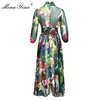 Fashion Designer Runway dress Spring Summer Women Dress Bow collar Cactus Floral-Print Elegant Chiffon Dresses 210524