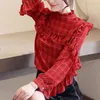 Automne mode femmes Blouses à manches longues en mousseline de soie volants hauts rouge Plaid Stand vêtements bureau dame 5306 50 210506