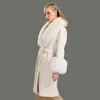 Wollen Jas Dames Pied de Poule Natuurlijke Bontkraag Kasjmier Mengsels Lange Bovenkleding Dames Streetwear 211110