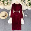 Herfst en Winter Vintage Dames Sequin Jurk Zwart Dames Temperament V-hals Retro Violet Fluwelen Party Femme Robe 210514